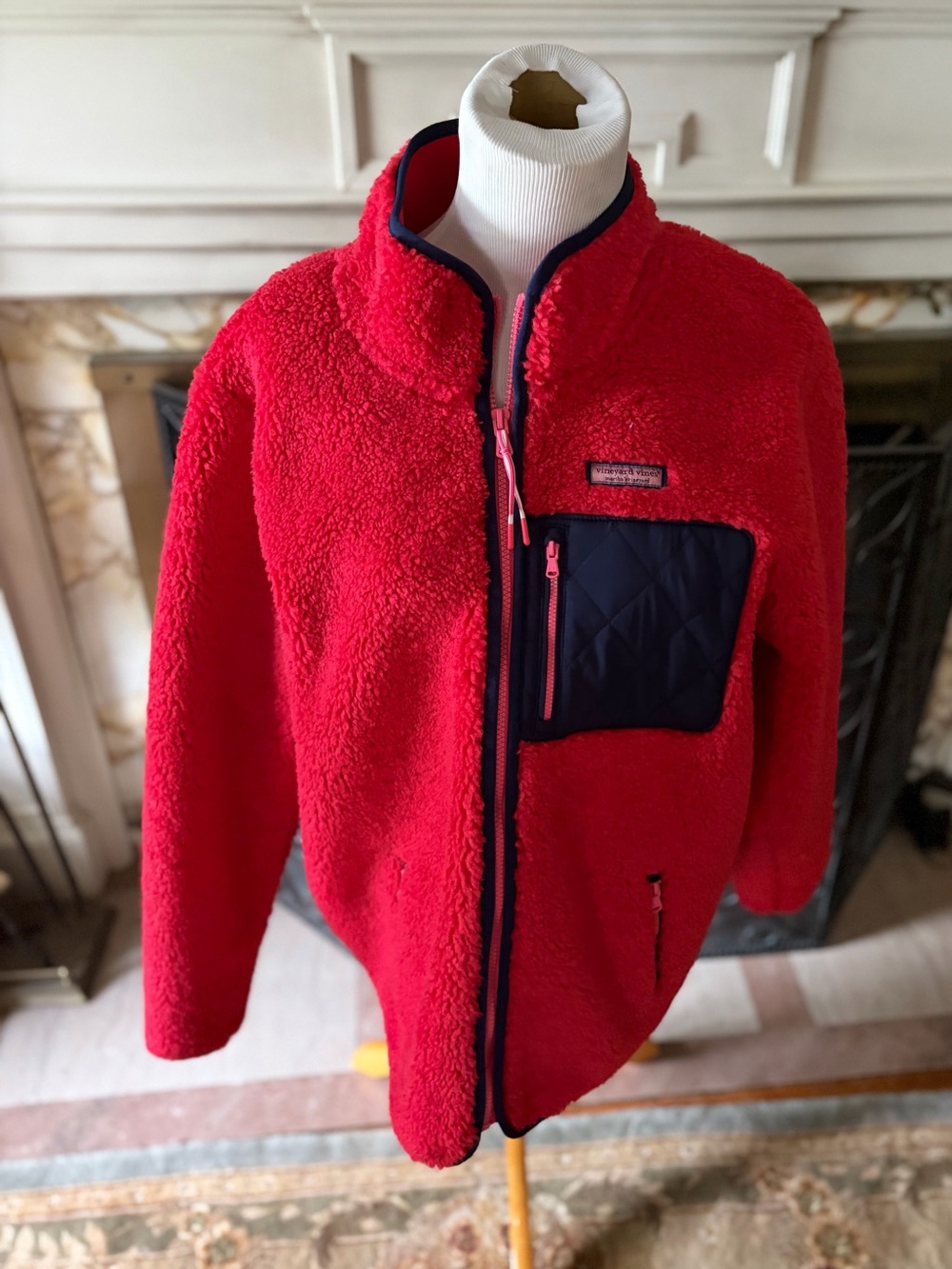 Ladies  Red Sherpa Fleece Jacket with Quilted Pocket